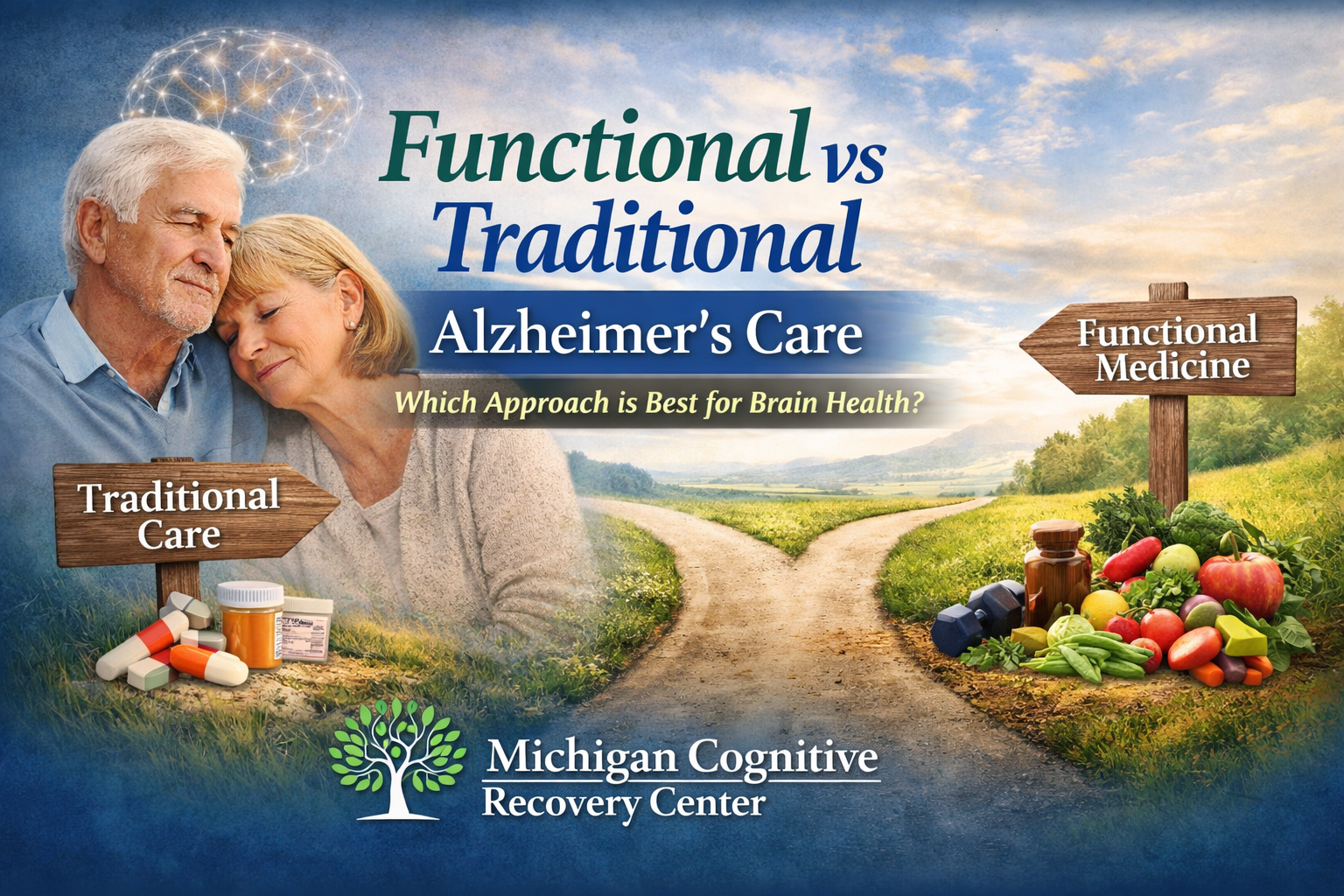 Functional vs traditional Alzheimer's care with symbols of medication and wellness, featuring the Michigan Cognitive Recovery Center